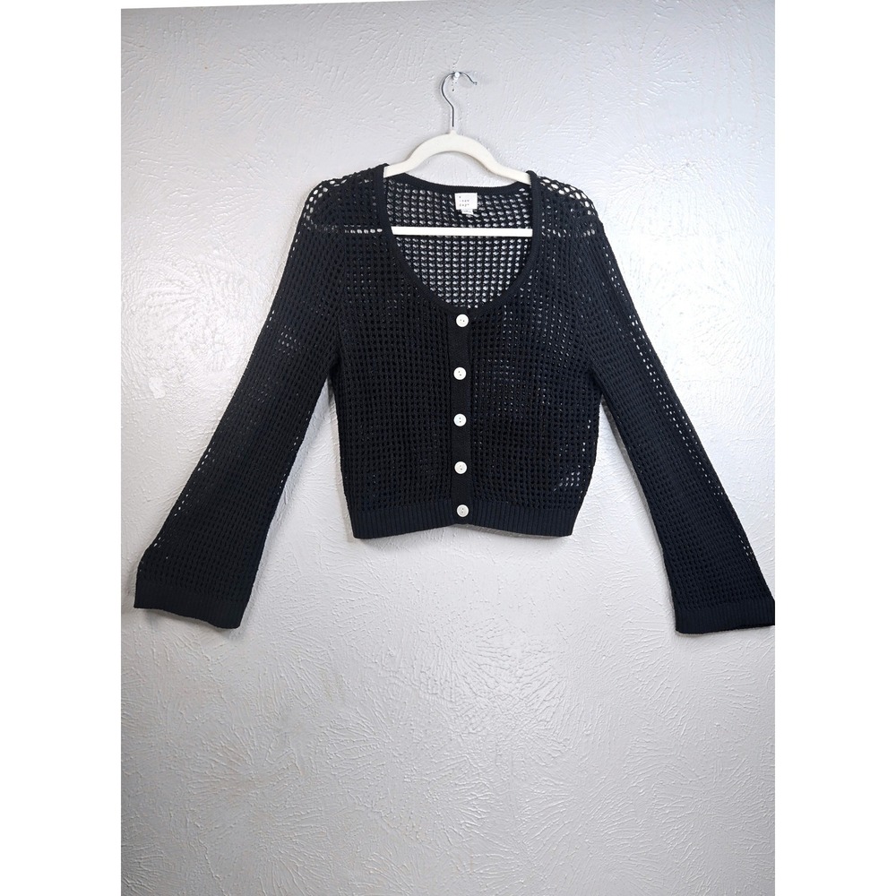 Crochet Knit Button Front Cardigan Small Black Cotton Bell Sleeve Fairy Grunge